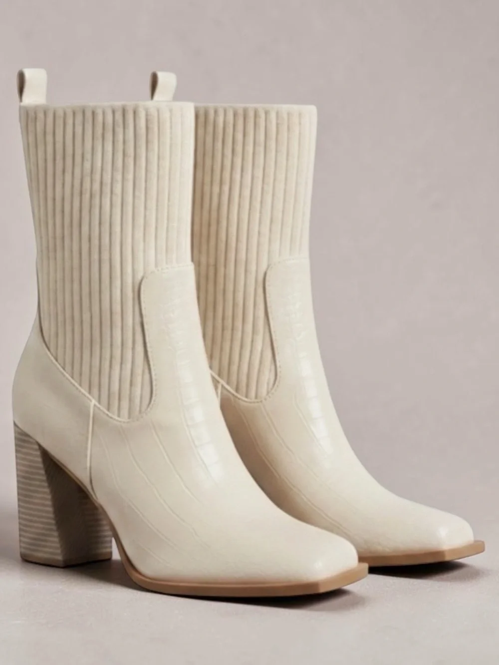 Lulu's Beige Ribbed Chelsea Block Heel Ankle Boots